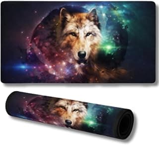 Mousepad Gamer Grande 70x35cm Speed Antiderrapante Base Emborrachada 3mm Borda Costurada Premium – Lobo Galáxia