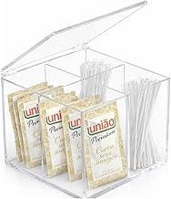 Porta Sachês 4 Compartimentos com Tampa Articulada em Acrílico Cristal 10x10x10 cm Organizador para Açúcar Chá Adoçante Mexedor Cantinho do Café
