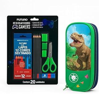 Kit Escolar Infantil com Estojo 3D Dinossauro Verde, 20 Peças, Tesoura, Cola, Lápis, Material Escolar Completo para Crianças