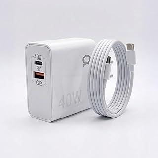 Carregador Ultra Rápido Turbo 40W, 2 Portas USB-C e USB-A, Bivolt 100-240V com Cabo USB-C, Carregamento Rápido para iPhone 15, Ideal para Smartphones, Tablets e Notebooks