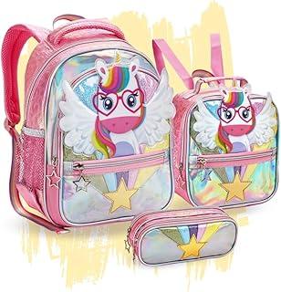 Kit Mochila Escolar Infantil Menina 3 Divisórias Gatinha Unicornio Com Lancheira e Estojo