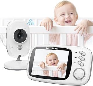 Babá Eletrônica, Câmera para Bebês com Tela de 3.2", Visão Noturna 10M Infravermelha, Áudio Bidirecional, Detecção de Som VOX, Monitoramento Temperatura, Canção de Ninar