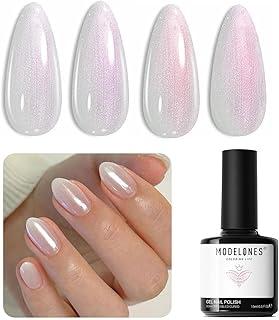 modelones Esmalte de gel opala, gel de glitter branco pérola transparente com brilho iridescente rosa, esmalte de gel UV/LED de imersão para arte de unhas, mais de 28 dias de duração, brilho de alto