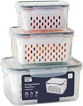 Decolab Kit 3 Pote Duplo Hermético com Cesto BPA Free - Organizador de Geladeira; Despensa; Frutas; Legumes; Verduras; Mantimentos;(Preto)