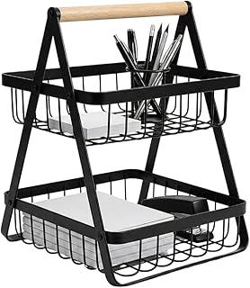 Organizador de Escritório em Metal Preto com 2 Andares e Alça em Madeira, Porta Papéis, Canetas, Lápis, Grampeador e Plantas - Design Moderno e Resistente Acabamento Premium Steel Hook