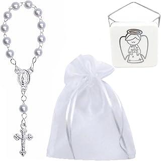 Conjunto Mimos 12 Mini Terços com Pérola + 12 Caixas Acrílicas com Anjo + 12 Saquinhos de Organza ✝️ Kit Religioso para Lembrancinhas Batizado, Comunhão, Nascimento | Feito no Brasil 💖 (Branco)