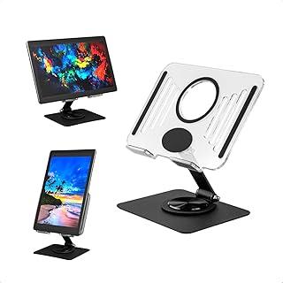 Suporte de Mesa para Tablet com Base Giratória 360° em Acrílico e Alumínio Premium Resistente com Pedestal Ajustável Dobrável e Retrátil Compatível com Tablets Base na Cor Preto