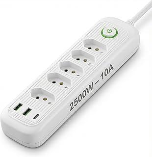 Régua de energia com 5 tomadas + USB + Tipo-C • Cabo 2m • Filtro de Linha • Bivolt automático • Ideal para home office, TV e PC