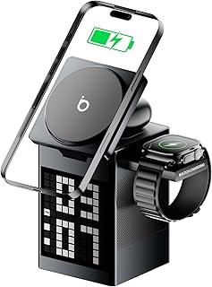 Basike Carregador Sem Fio Magnético 3 em 1, Rápido 15W, Compatível com MagSafe, com Alto-falante Bluetooth/Despertador para iPhone 16/15/14/13, Apple Watch 1-8/Ultra, AirPods (Sem Adaptador CA)