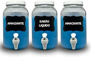 GIGANTE DO ABC Kit de Lavanderia 3 Potes com Torneira para Sabonete Líquido, Amaciador e Alvejante, Branco, Claros, 3 Litros, Vidro Resistente, Tampa de Plástico Super Resistente