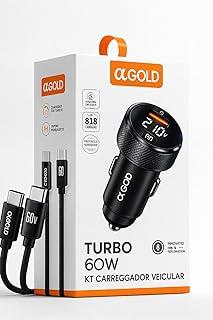 Carregador Veicular Turbo 60W Para Automóvel Carregador de Carro Duas Entradas com Carregamento Super Rápido + Cabo USB-C Premium Compatível Com Dispositivos IOS e Android