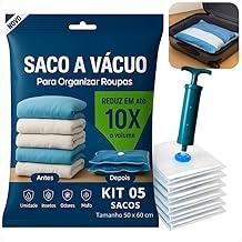 Kit Com 5 Sacos à Vácuo 50x60 cm com Bomba Manual, Sacos Para Malas de Viagem, Resistente, Compacto, Reutilizável, Anti-Furo, Organização de Roupas, Viagens, Malas e Edredom, Reduz Volume