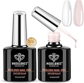 modelones Builder Nail Gel, 2 Pcs Clear and Cover Nude Builder Nail Polish, 8-in-One Apex Building Thickening Strengthener Extension Rubber Color Base Gel for DIY Home Salon Gifts LED Lamp Cured 10ml