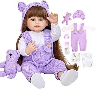 Bebê Reborn Boneca Menina - Corpo de Silicone, 55 cm, Peruca com Capa, Suéter Roxo, Olhos Castanhos