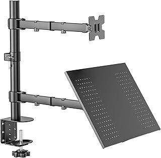 BAZIK Suporte Articulado para Monitor e Notebook – Braço Ajustável com Bandeja para Notebook até 17", Monitores de 13'' a 32'', Suporte para Monitor Duplo com Ergonômico com Organização de Cabos
