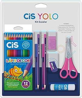 Kit Escolar CIS Yolo - 2 canetas esferográfica, 2 lápis pretos HB, 1 borracha, 1 apontador, 1 tesoura, 1 cola bastão e 1 caixa de lápis de cor 12 cores, Rosa
