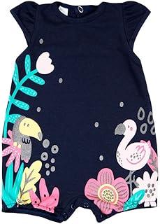 Macacão Bebê Menina Verão Sem Mangas Suedine Silk Screen Tucano e Flamingo - Marinho