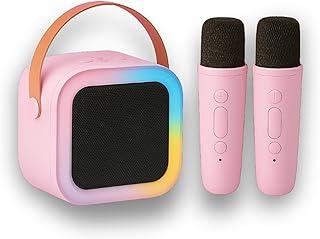 Karaokê Infantil Portátil com LED, Caixa de Som Bluetooth, 2 Microfones Sem Fio, Recarregável, Modos de Voz Divertidos (Rosa)