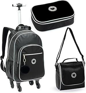 Kit Escolar Feminino de Moda Teen, Mochila com Rodinhas + Lancheira Térmica com Alça Transversal + Estojo Porta Lápis