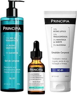 Principia Kit Tio Anti Acne E Queratose Pilar: com um gel de limpeza com ácido salicílico e glicerina, um sérum com mix de quatro ativos contra acne e oleosidade e uma emulsão corporal com ácido lático, manteiga de karité e glicerina