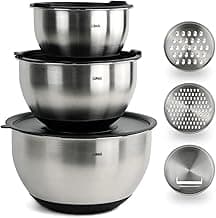 LUMAI Kit 3 Tigelas Bowls de Aço Inoxidável com Tampas Hérmeticas e 3 Discos de Corte de Inox para Ralar e Fatiar - Base de Silicone Premium - Utensilio de Cozinha para Misturar, Armazenar e Marinar