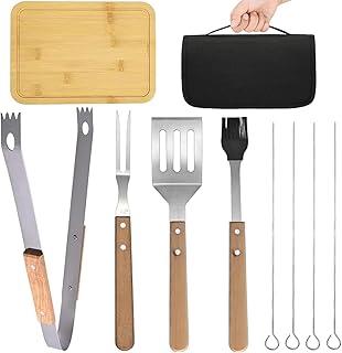 Kit 9 Kit de Churrasco de Aço Inoxidável com Tábua de Corte com Bolsa de Transporte, Conjunto de Ferramentas de Grelha com Tábua de Bambu, Conjunto de Utensílios de Grelha com Alças de Madeira