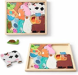 Quebra-Cabeça 3D Infantil em Madeira – Brinquedo Educativo de Encaixe com Animais e Formas – Estimula Coordenação Motora, Criatividade, Concentração e Desenvolvimento Cognitivo (Animais Fazenda)
