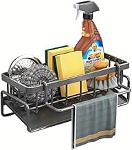 Suporte Organizador de Pia em Aço Carbono Preto com Bandeja Antiferrugem, Instalação Sem Furos, Porta Esponja, Sabão e Pano, Design Moderno e Compacto para Cozinha (23×9×11 cm)