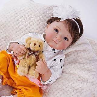 Bebê Reborn Boneca Silicone Menina Realista Pintada Olhos Azuis 48cm (Cabelo Castanho)