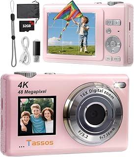 Câmera Digital,Fotográfica 48MP 4K,Câmera Compacta para Vlogs com Tela Dupla, Cartão de 32 GB, Zoom Digital de 16x e Estabilizador de Imagem, Ideal para Iniciantes (Rosa)
