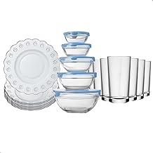 Kit Aparelho de Jantar 17 Peças com Potes com Tampa Sortidas – Pratos, Copos e Potes de Vidro | Conjunto Completo, Moderno e Prático para Sua Mesa Posta (MAÇA)