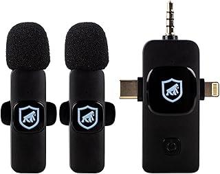 Gshield Microfone Profissional Flex de Lapela 3 em 1 Sem Fio 2.4 GHz + Adaptador Universal com Conexão Tipo-C, Lightning e P3, Clipe de Fixação (Preto)