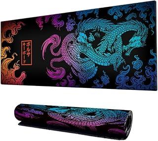 Mouse Pad Gamer Speed Extra Grande Profissional 90x40 x3mm Bordas Costuradas e Base Emborrachada e Antiderrapante Dragão Chinês Premium (Rainbow)