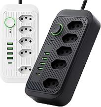 Extensão Filtro de Linha com 5 Tomadas 4 USB + 1 Tipo C - Cabo de 2 metros BiVolt 110-220V, Potência de 2500W e Carregamento Inteligente Premium