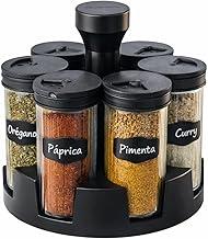 Porta Temperos Giratório 360° com 6 Potes de Vidro, Tampa Preta, Base Giratória, Organizador de Cozinha