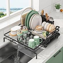 DF Escorredor de Louça Expansível, Escorredor de Pratos para Pia com Bandeja, Escorredores de Louca para Bancada de Cozinha, Com Caixa de Talheres, Preto
