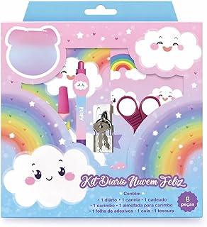 Kit Diário Nuvem Feliz, 8 Peças com Diário 60 Folhas, Caneta, Cadeado, Carimbo, Adesivos, Cola, Tesoura, Design Arco-Íris e Nuvens, 23x23x6cm, Escolar, ideal para expressar pensamentos e eternizar momentos importantes