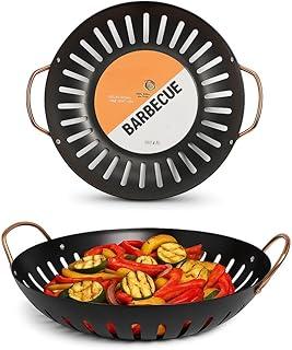 Panela Wok Churrasqueira Grelha Redonda para Churrasco, 29cm, Aço Carbono com Revestimento Antiaderente, Alças em aluminio, Ideal para Carnes e Legumes, Uso Direto no Fogo