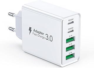 Carregador de parede USB C,bloco de carregamento rápido USB C PD de 50 W com 5 portas, plugue multiportas 2USB C+3USB A, adaptador de energia tipo C Brick Cube para iPhone 16/15/14 Pro Max,iPad,Galaxy