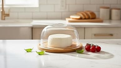 Porta Frios Redondo, com Tampa em Acrílico e Base em Bambu, para Queijo, Manteiga, Frios, Servir, Tábua de Bambu, Queijeira, Mantegueira - 1 Peça (19x19x7,5cm)