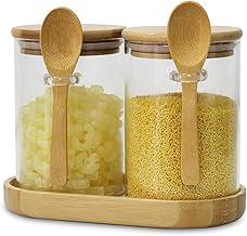 Kit 2 Potes de Vidro LUMAI 550ml com Tampa de Bambu Hermética, Colher Acoplada e Bandeja para Café, Açúcar, Temperos, Organização de Cozinha