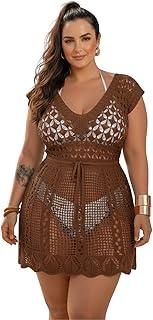 Saída de Praia Feminino Plus Size vestido curto crochê tricô rendada cinturada Saída de Banho Elegante Luxo Canga