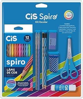 Kit Escolar CIS Spiro 9 peças - 2 canetas esferográficas, 2 lápis pretos HB, 1 borracha, 1 apontador, 1 tesoura, 1 cola bastão e 1 caixa de lápis de cor com 12 cores, Azul
