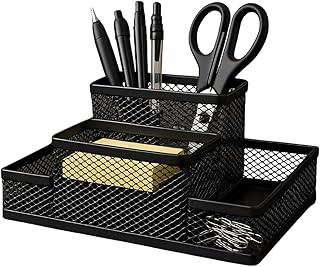 Porta Caneta Organizador de Mesa Metal Aramado Escritório Compartimentos Divisões Telado Caneta Lápis Porta Papel Clips Estojo Multiuso Home Office Vertical (Preto, 4 Compartimentos)