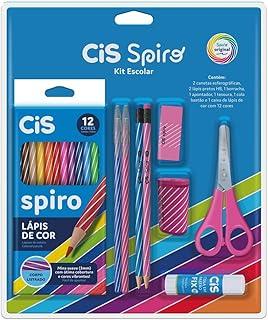 CIS Spiro 9 peças - 2 canetas esferográficas, 2 lápis pretos HB, 1 borracha, 1 apontador, 1 tesoura, 1 cola bastão e 1 caixa de lápis de cor com 12 cores, Rosa