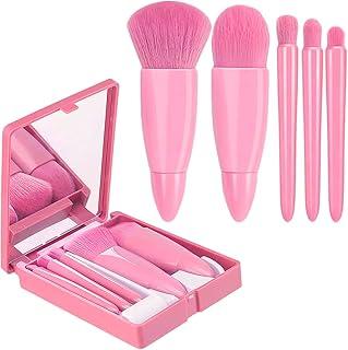 Kit Pincéis de Maquiagem com Estojo e Espelho Portátil – 5 Pincéis para Base, Pó e Sombra, Compacto para Viagem (Rosa)