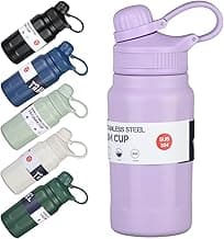 Garrafa Térmica Estilosa de 500ml com Interior em Aço Inox 304 e Fundo Emborrachado – Ideal para Academia e Escola - Com Canudo e Alça de Transporte Resistente (Lilás)
