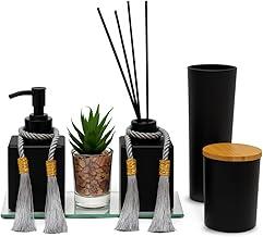 【Cozena】Kit Lavabo Luxo de Vidro C/Difusor Aromatizador, Saboneteira - (Preto)