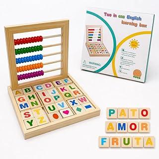 Ábaco Educativo de Madeira com Blocos de Letras – Brinquedo Infantil de Contagem, Coordenação Motora para Primeiros Passos na Leitura (Letras)
