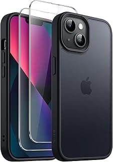 JETech 3 em 1 Capa Fosca para iPhone 13 6,1 Polegadas com Protetor de Tela de Vidro Temperado de 2 Unidades, Case de Telefone Translúcida Fosca à Prova de Choque (Preto)
